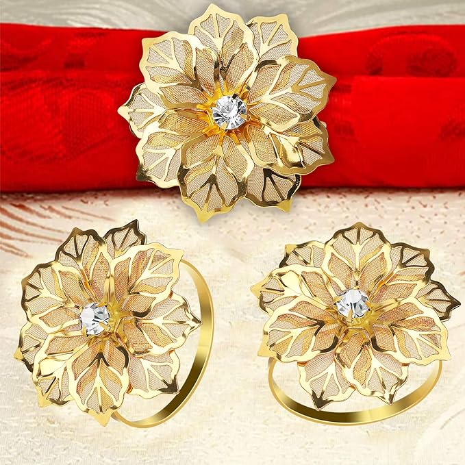 KPOSIYA Flower Napkin Rings Holder Metal Gold Napkin Rings Set of 12 for Wedding Party Holiday Banquet Christmas Dinner Delicate Serviette Buckles Decor Favor (12, Flower-Gold)