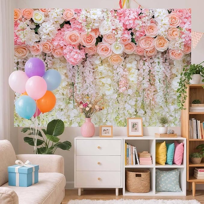 6x4ft Pink Rose Flower Wedding Photography Backdrop Spring Floral Photography Backdrop Valentine's Day Mother's Day Girl Birthday Baby Shower Wedding Bridal Party Banner Photo Booth Props Background