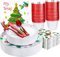 Festiva 176Pcs Christmas Plastic Plates Heavy Duty- Christmas disposable Dinnerware Set-include 50Plates 25Plastic Silverware 25Cups 25Holly Berry Napkins