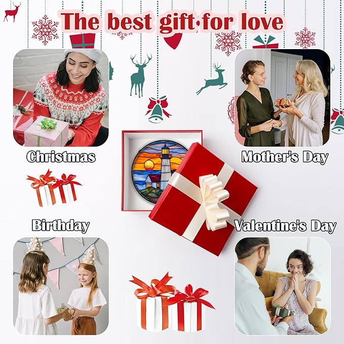 Stained Glass Window Hanging - Sea Lighthouse Suncatcher for Door Terrace Garden Home Decor Sunset Beach Scenery Sun Catcher Birthday Gifts for Lovers Women Men Dad Mom Nana 15 in