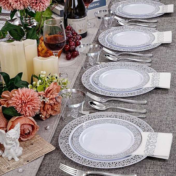 WELLIFE 210pcs Dinnerware Set - Silver Rimmed Plastic Plates Disposable Heavy Duty, Disposable Plastic Plates with Silver Rim, Water-proof, Break-proof, Best Choice for Any Party