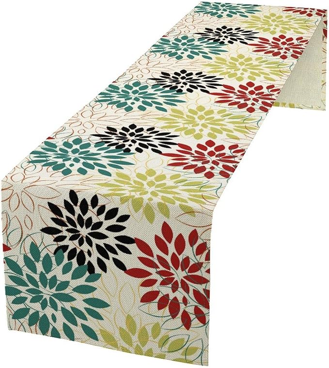 Abstract Red Dahlia Vintage Table Runner, Geometric Lines Mid Century Vintage Modern Colorful Table Runner for Party Kitchen Dining Living Room Laundry Room Decor, 13x120 Inch