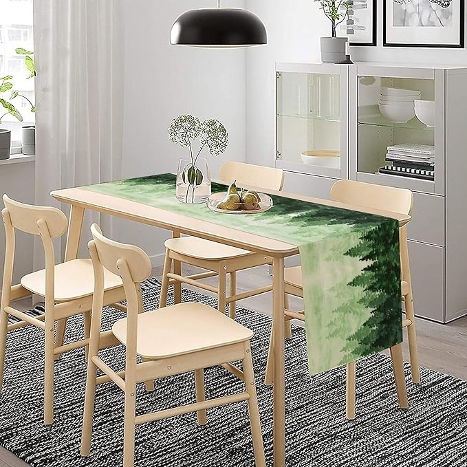 Foggy Forest Table Runner,Watercolor Wreen Misty Forest Landscape Table Runner for Kitchen Dining Table Home Party Decoration 13x108 Inch