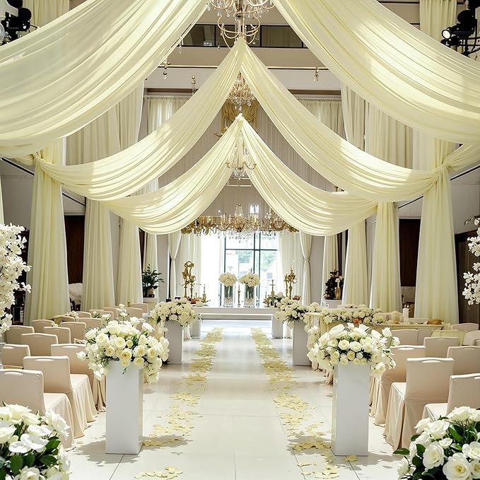 PARTISKY Wedding Arch Draping Fabric, Ivory Sheer Backdrop Curtain Chiffon Fabric Drapery for Ceremony Reception Party Ceiling Backdrop (Ivory Drapes Curtain, (1 Panel) 6 Yards/18ft)