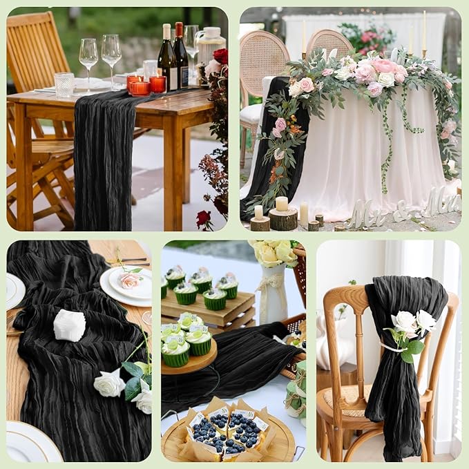 Asee'm 6pcs Cheesecloth Table Runner 120 Inches Long Black Boho Gauze Cheese Cloth Runner 10FT Rustic Sheer Table Runners for Christmas Wedding Party Baby Shower Spring Easter Decoration