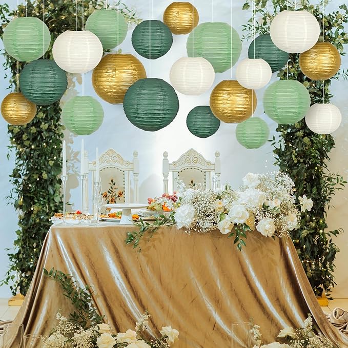 ADLKGG Sage Green Gold Paper Lanterns Decorative, Round Hanging Paper Lanterns for Graduation Wedding Bridal Shower Birthday Party Neutral Baby Shower Decorations, 21pcs
