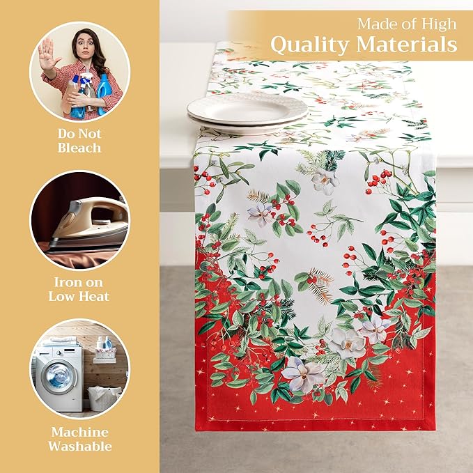 Maison d' Hermine Table Runner 100% Cotton Single Layer Table Runners 108 inches Long for Thanksgiving Christmas Decorations Home Kitchen Dining Party Wedding (Noel, 14.5" x 108")