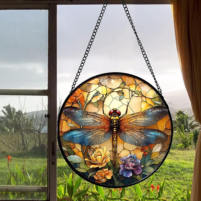 Stained Glass Window Hanging - Orange Blue Dragonfly Flower Suncatcher for Doors Window Home Sun Catchers Decor Christmas Mother's Day Birthday Outdoor Gifts for Women Men Mom Nana 6.3 in