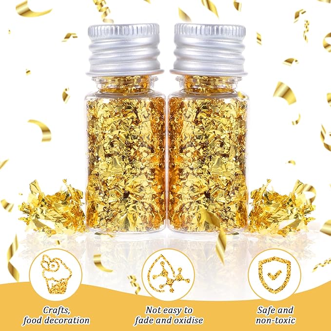 6Pcs Decorative Gold Leaf, Multifunction Gold Leaf Cake Decoration Baking Foil Decor for Cooking Dessert Steak Decoration Crafts Makeup Leaves with Plastic Tweezers