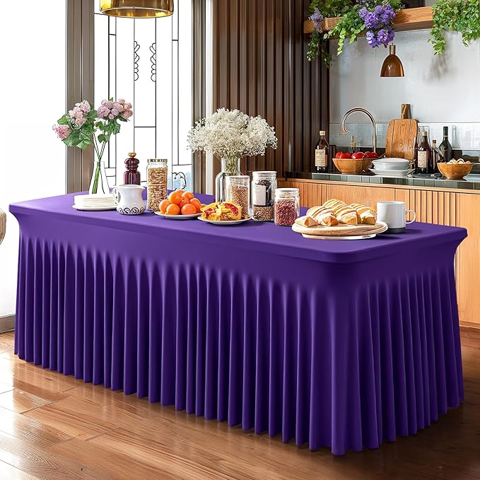 Wish Care 2 Pack Dark Purple Spandex Table Clothes for 4 Foot Rectangle Tables, 4FT Wrinkle Free Fitted Tablecloths Ruffles Design Table Cover for Party, Banquet, Wedding and Events