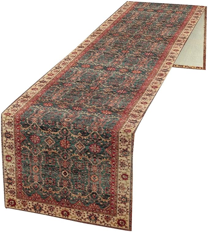Vintage Boho Floral Table Runner, Rustic Country Farmhouse Red Teal Retro Flower Pattern for Home Kitchen Table Decor Dining Coffee Room Party Decor 13x90in