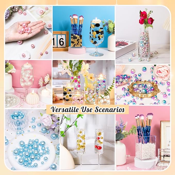 300Pcs Pearl Vase Filler, BrightGold No Hole Faux Pearl Beads for Centerpieces Vases, Candle Centerpieces, Wedding Birthday Party Home Decor 8/10/14/20mm