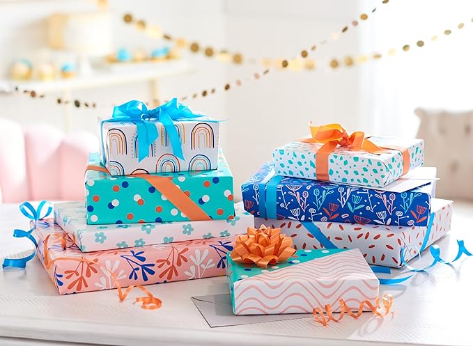 American Greetings 160 sq. ft. Reversible Wrapping Paper Bundle for Birthdays, Anniversaries, Weddings and All Occasions, Sprinkles and Daisies (4 Rolls, 30 in. x 16 ft.)