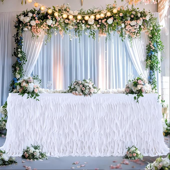 Partisky White Tulle Curly Willow Table Skirt for Rectangle Table 9ft, Ruffle Tutu Table Cloth for Wedding,Bridal Shower, Baby Shower,Birthday Party