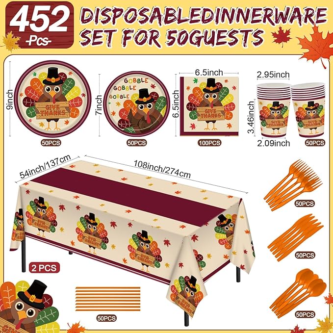452 Pcs Turkey Thanksgiving Party Supplies for 50 Guests, Fall Thanksgiving Paper Plates Napkins Cups Tablecloth Cutlery Straws Tableware Set for Autumn Friendsgiving Party Decorations