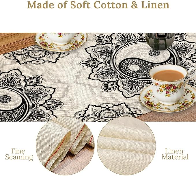 Yin Yang Table Runner, Bohemian Mandala Vintage Black White Traditional Oriental Floral Print Table Runner for Home Kitchen Dining Table Wedding Party Decor, 13x90inch