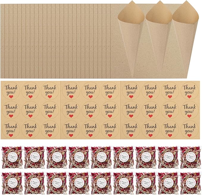 PATIKIL Dried Flower Confetti Cones, 30Pcs Paper Tapers Cone Holder with Dried Rose Petal / Sticker for Wedding Party Engagement Birthday DIY Decoration, Red