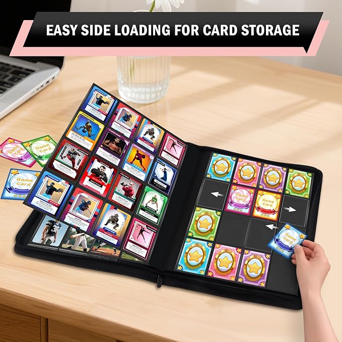 Card Binder 16 Pocket, Zipper Trading Card Binder Holds 1024 Cards, Double-sided Side Loading Card Storage Album, Ringless Card Protector, Card Collection Binder for TCG, MTG, Game Sport Card, Pink