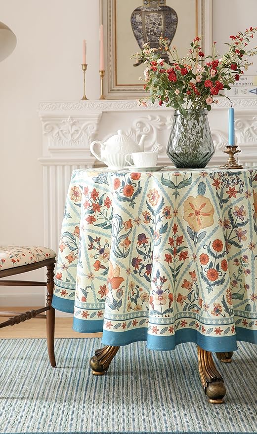 ISAENNE Designer Linen Elegant Small Round Tablecloth,Colorful Floral Bohemian Table Cloth,Wrinkle Resistant Decor Tablecloths for Dining Thanksgiving Kitchen Christmas,Diameter 55"-Floralsea A