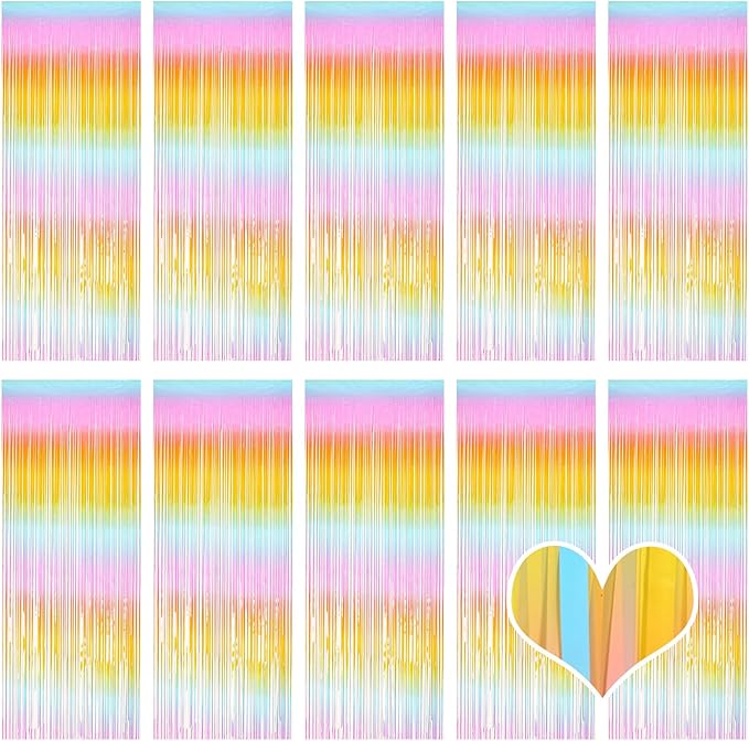 10 Pack Easter Foil Fringe Curtains 3.2ft x 8.2ft Rainbow Backdrop Curtains Photo Booth Background for Birthday Party Decoration Easter Decoration (Colorful)