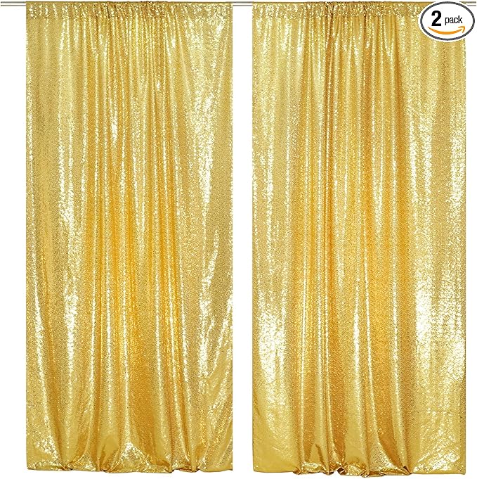 SquarePie Sequin Backdrop Curtain 8FT x 10FT Gold Satin Backing Fabric Photography Background for Wedding Patry 4FT x 10FT 2 Panels