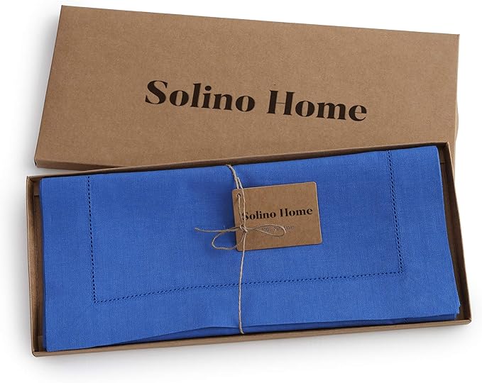 Solino Home Linen Royal Blue Table Runner 108 Inches Long - 100% Pure Linen 14 x 108 Inch Table Runner for Holiday - Classic Hemstitch