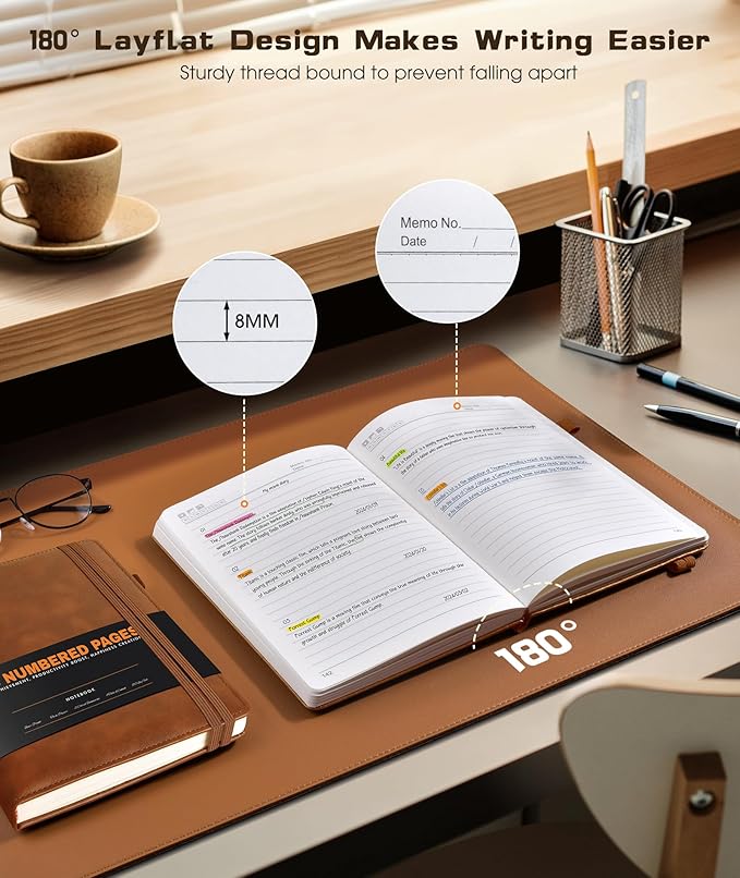 Lined Journal Notebook for Women Men, 256 Numbered Pages Hardcover Leather Journals for Writing, A5 Journaling Notebooks, College Ruled Journal for Business Work School 5.75" x 8.38" Light Brown