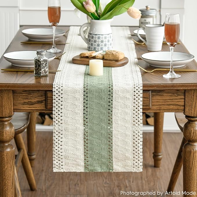 Artoid Mode Light Green Farmhouse Rustic Table Runner, Seasonal Holiday Hollow Kitchen Dining Table Decoration for Home Party Decor 12x36 Inch