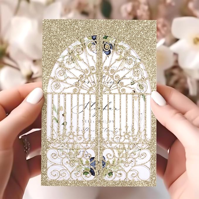 25Pcs Light Gold Glitter Laser Cut Wedding Invitation Kits with Envelopes and RSVP Cards Personalized Invitations for Sweet 16 Baby Bridal Shower Engagement Quinceanera Invite