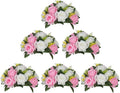 BLOSMON Flower Balls Rose Centerpieces: 6 Pcs 9.5 Inch Pink Fake Flowers Kissing Balls Decor Artificial Wedding Floral Arrangements Silk Flower Bouquet with Base Home Party Room Table DIY Decorations