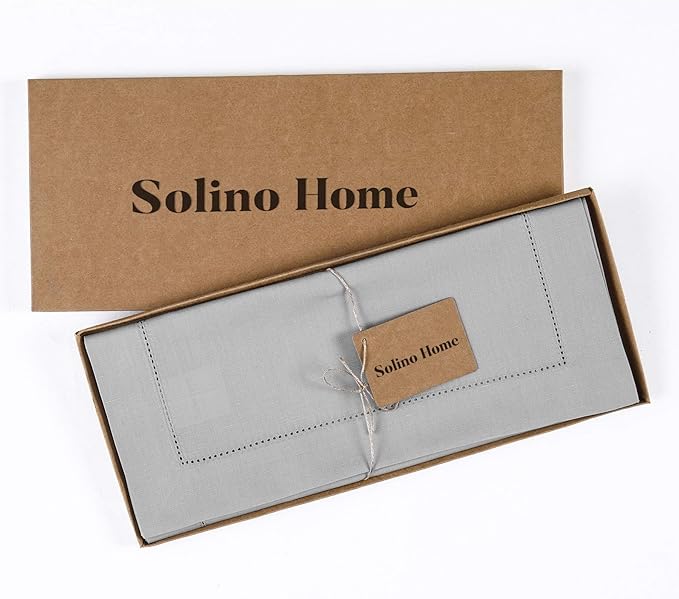 Solino Home Cotton Linen Light Grey Table Runner 120 Inches Long - Hemstitch 14 x 120 Inch Table Runner for Fall, Autumn, Thanksgiving, Christmas, Holiday