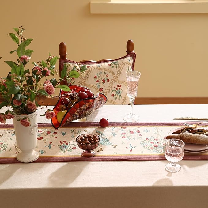 patdrea Designer Idyll Linen Extra Long Table Runner,Vintage Beige Farmhouse with Ancient Figure Fruit Trees Pattern Table Mat, Decoration for Kitchen Dining Paties Banquet Christmas ,16"*118"