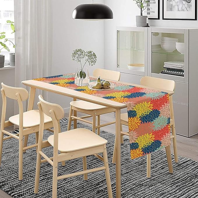 Dahlia Flowers Table Runner Colorful Floral Teal Grey Pink Yellow Blue Abstract Table Runner Kitchen Dining Party Decor Living Room, 13x120 Inch
