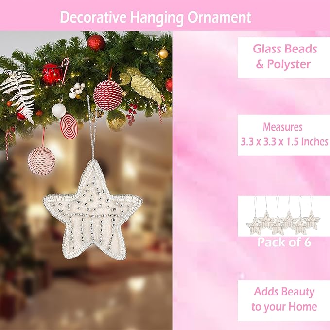 Beaded Star Hanging Ornaments with Twine - Beaded Decorative Ornaments Set of 6 for Tabletop Decoration, Bookshelf, Desk, Nightstand, Home, Office, Desktop, Cabinets, Shelf (White) - CLEENTABLE