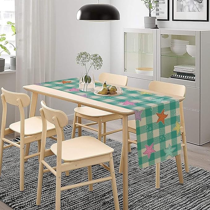 Starfish Plaid Table Flag Green Plaid and Marine Life Starfish Kitchen Table Flag Suitable for Birthday Party Restaurant Decoration Outdoor Picnic 13 * 90 Inch