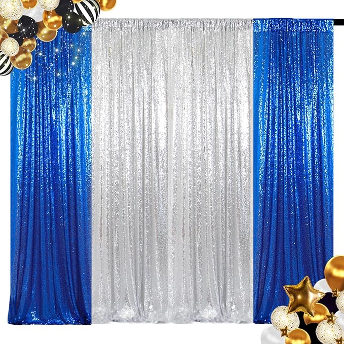 ShinyBeauty Silver and Blue Sequin Backdrop - 4 Pieces Shimmer Curtains Panels for Birthday, Party, Baby Shower, and Photo Backgrounds （2FTX8FT）