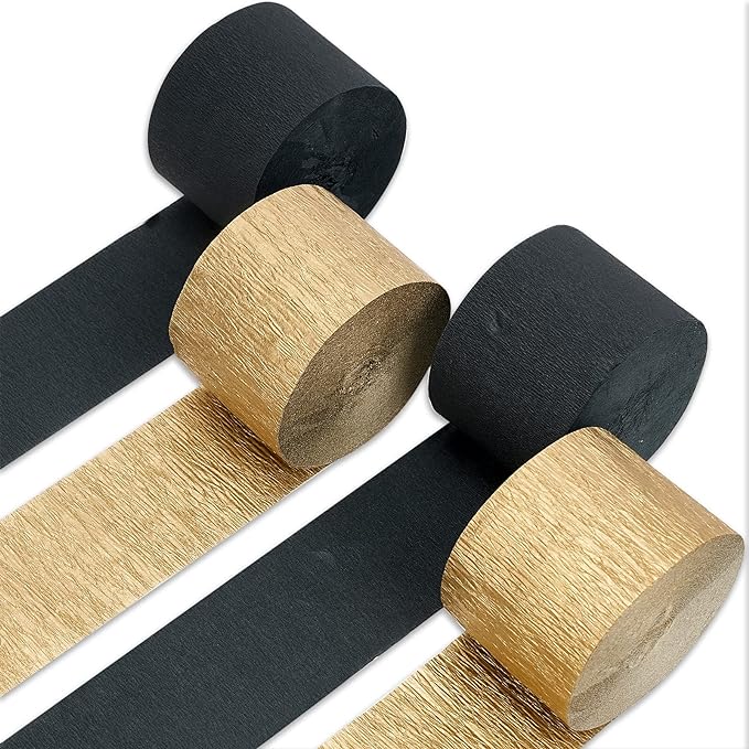 PartyWoo Crepe Paper Streamers 4 Rolls 328ft, Pack of Black and Gold Crepe Paper for Party, Wedding, Birthday, New Year's Eve Decorations (1.8 Inch x 82 Ft/Roll)