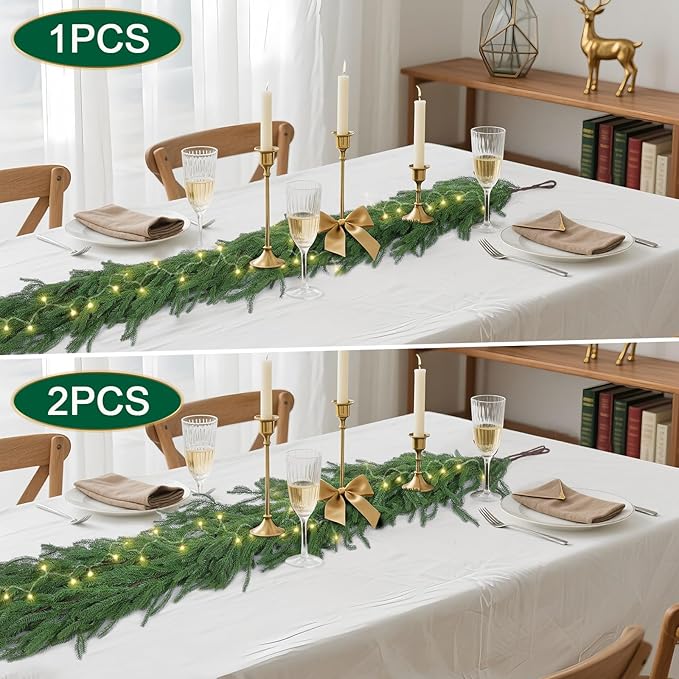 Hananona 2 Pcs 9 Ft Artificial Norfolk Pine Garlands, Real Touch Winter Pine Garland, Green Artificial Greenery Garland for Table, Mantle, Wall, Indoor, Outdoor Christmas Decorations (2, 9 Ft)