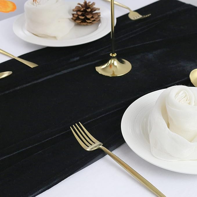 Velvet Table Runner, 10ft Luxurious Wedding Reception Decorations Soft Velvet Fabric Table Linen Overlay for Party (20 x 120 inch, Black)
