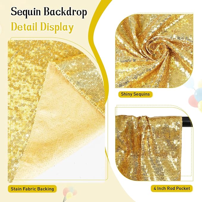 SquarePie Sequin Backdrop Less See Through Thick Background for Photography Glitter Curtain Party 6FT x 6FT Gold