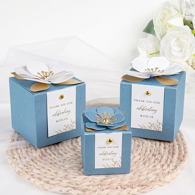 FEIYI 20 PCS Favor Boxes, 3 In 1 Dusty Blue Candy Boxes with Floral Decor, White Thank You Tags Gold Foil Print Gift wrapping for Wedding, Baby Shower, Birthday, Decorations Party - 2.55x2.55x2.55