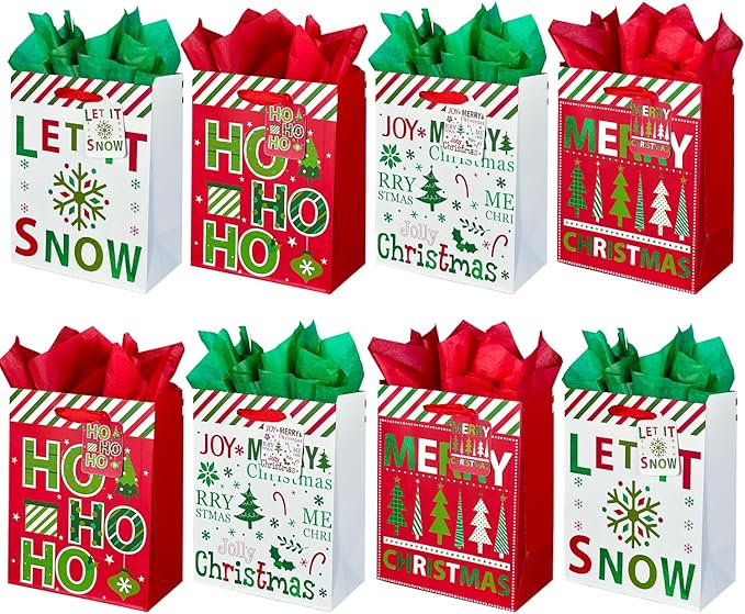 GITMIWS 12 Pack Christmas Paper Gift Bags with Tissue Paper, 9'' Medium Christmas Treat Gift Bags Bulk with handles, Xmas Shopping Tote Goodie Bag for Kids, Xmas Party Favor Decor