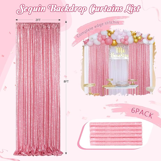 Backdrop Curtains Blush Pink Sequin Photo Curtain 6 Panels 2ftx8ft Glitter Birthday Wedding Engagement Baby Shower