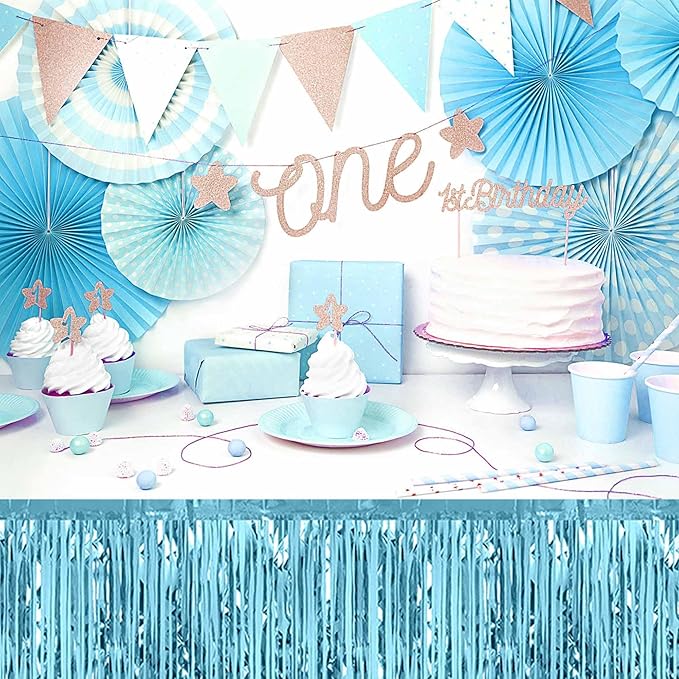 3 Pack 29 x108 Inch Light Blue Foil Fringe Table Skirts Metallic Banner for Tinsel Streamer Garland Backdrop for Parade Floats Mother's Day, Graduate, Birthday, Wedding Party Decoration