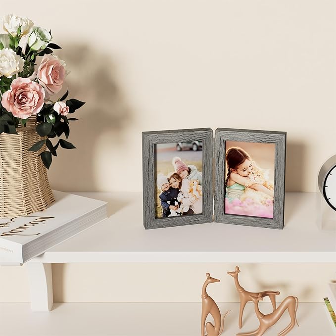 decorUhome Double 4x6 Picture Frame Vertical, Engineered Wood Bifold Photo Frame with Plexiglass for Tabletop Display, 4x6, Grey