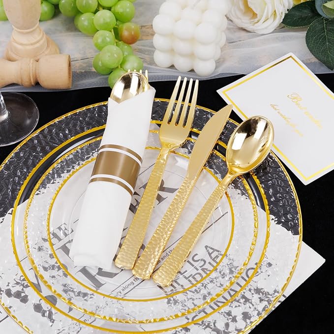 400PCS Pre Rolled Gold Plastic Silverware Sets - Heavy Duty Hammered Gold Cutlery Include 100 Pack Wrapped Disposable Utensils with Napkins for Parties, Dinners & Weddings