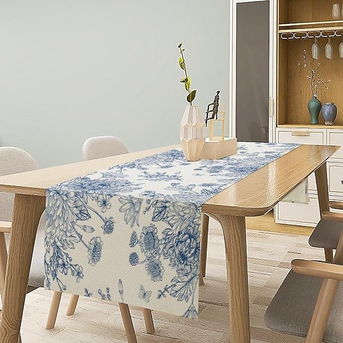 Chinoiserie Flower Table Runner, Seasonal Spring Fall Plants Blue Florals Dinner Runner for Home Kitchen Dining Table Party Holiday Decoration 13"x120"