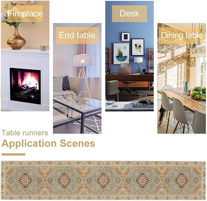 Vintage Boho Floral Table Runner, Rustic Country Farmhouse Grey Blue Orange Bohemia Flower Pattern for Home Kitchen Table Decor Dining Coffee Room Party Decor 13x72in