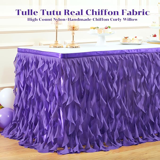 Partisky Mermaid Purple Tulle Curly Willow Table Skirt for Rectangle Table 17ft, Ruffle Tutu Table Cloth for Girls Boys Baby Shower,Mermaid Birthday Party
