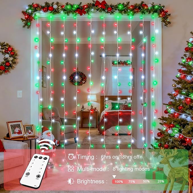 JMEXSUSS 300LED Red White and Green Christmas Curtain Lights with Remote, Indoor Christmas String Lights Plug in, Hanging Twinkle Lights for Bedroom Window Wall Yard Outdoor Xmas Decor, 9.8x9.8ft